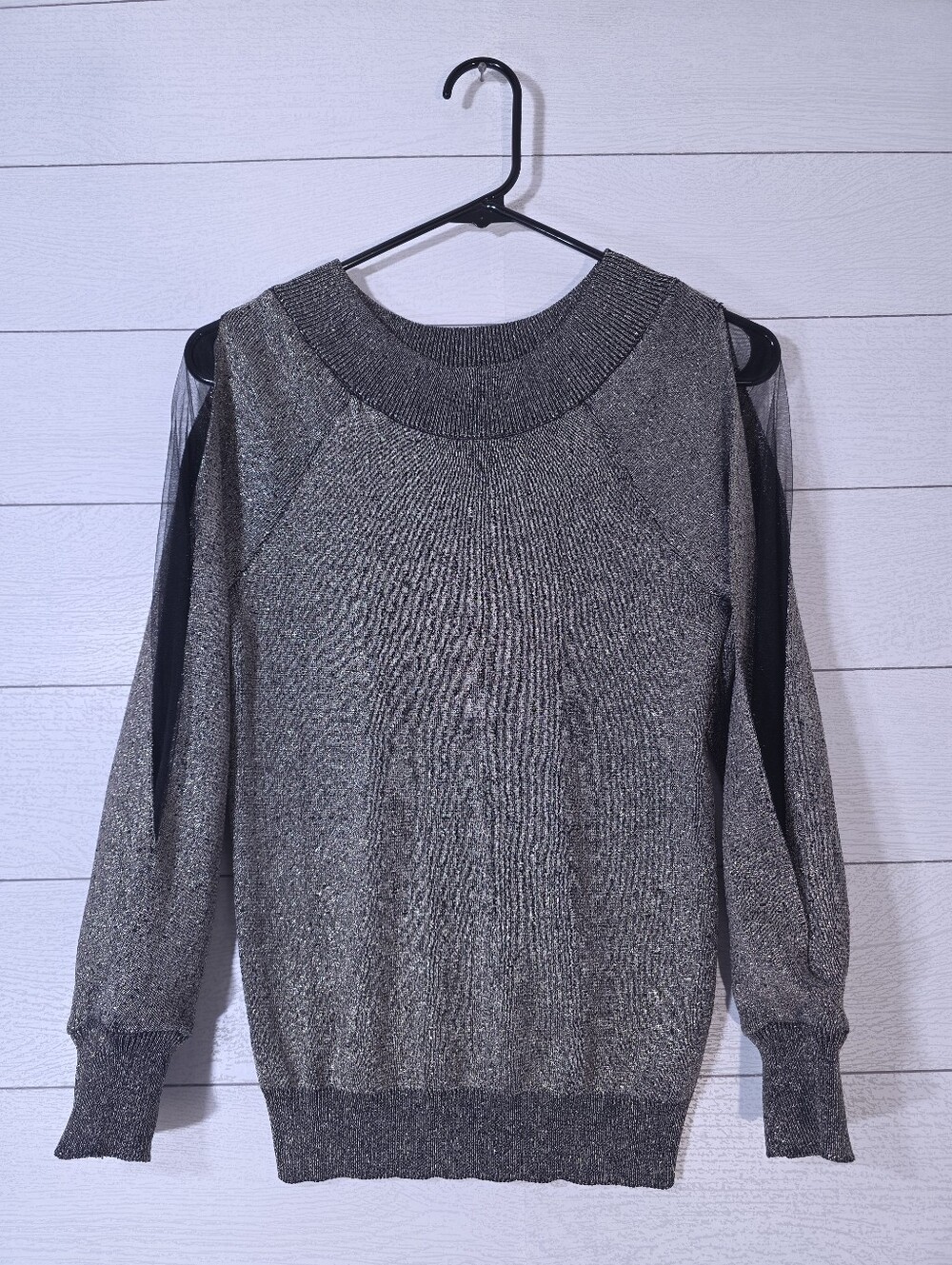 Molly Bracken Metallic Silver Lurex Knit Cold Shoulder Mesh Sweater XS